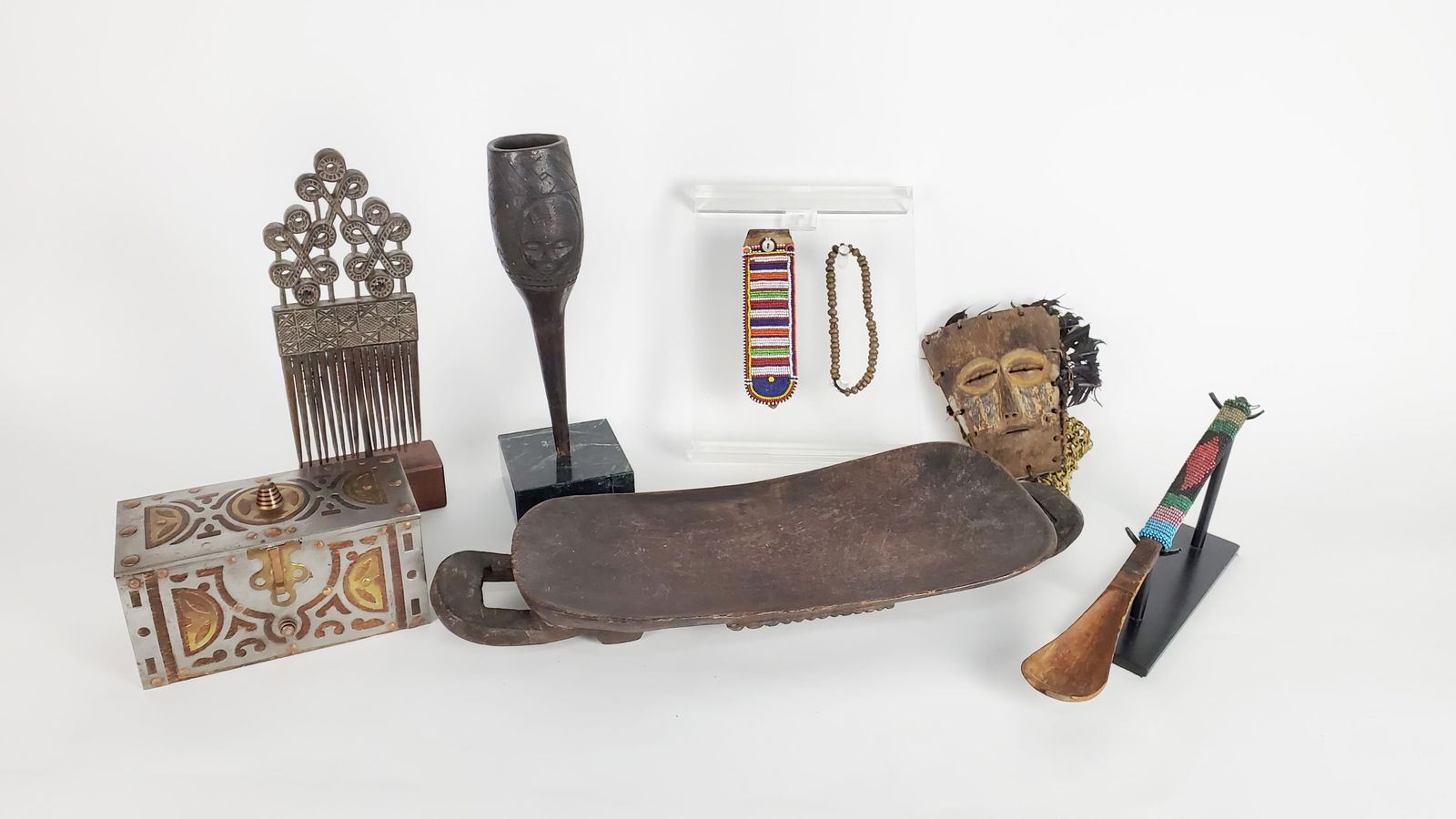 Group of African Tribal Items to include: Ashanti Comb, Wood Carved Cup on Stand, Small Wood Mask (1 of 6)