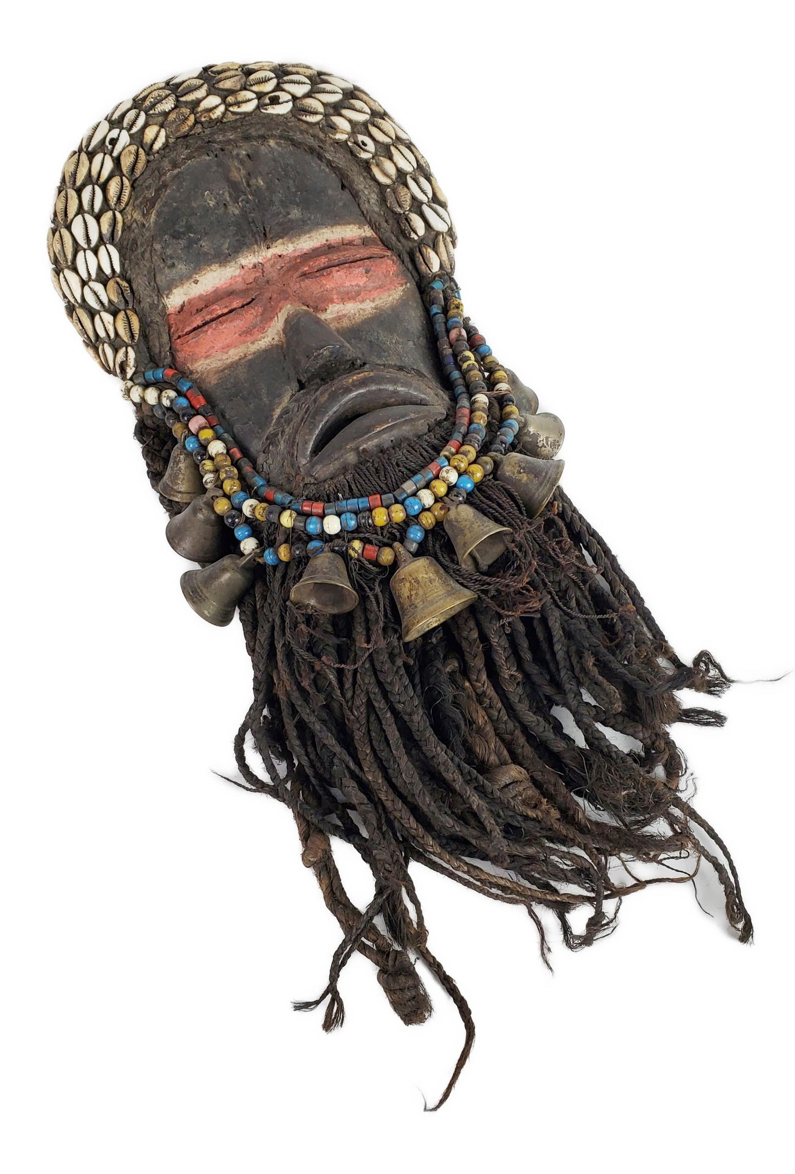 West African Tribal Wood Carved Dan Mask with Cowrie Shells, Beads, Bells, Woven Hair, and painted (1 of 4)