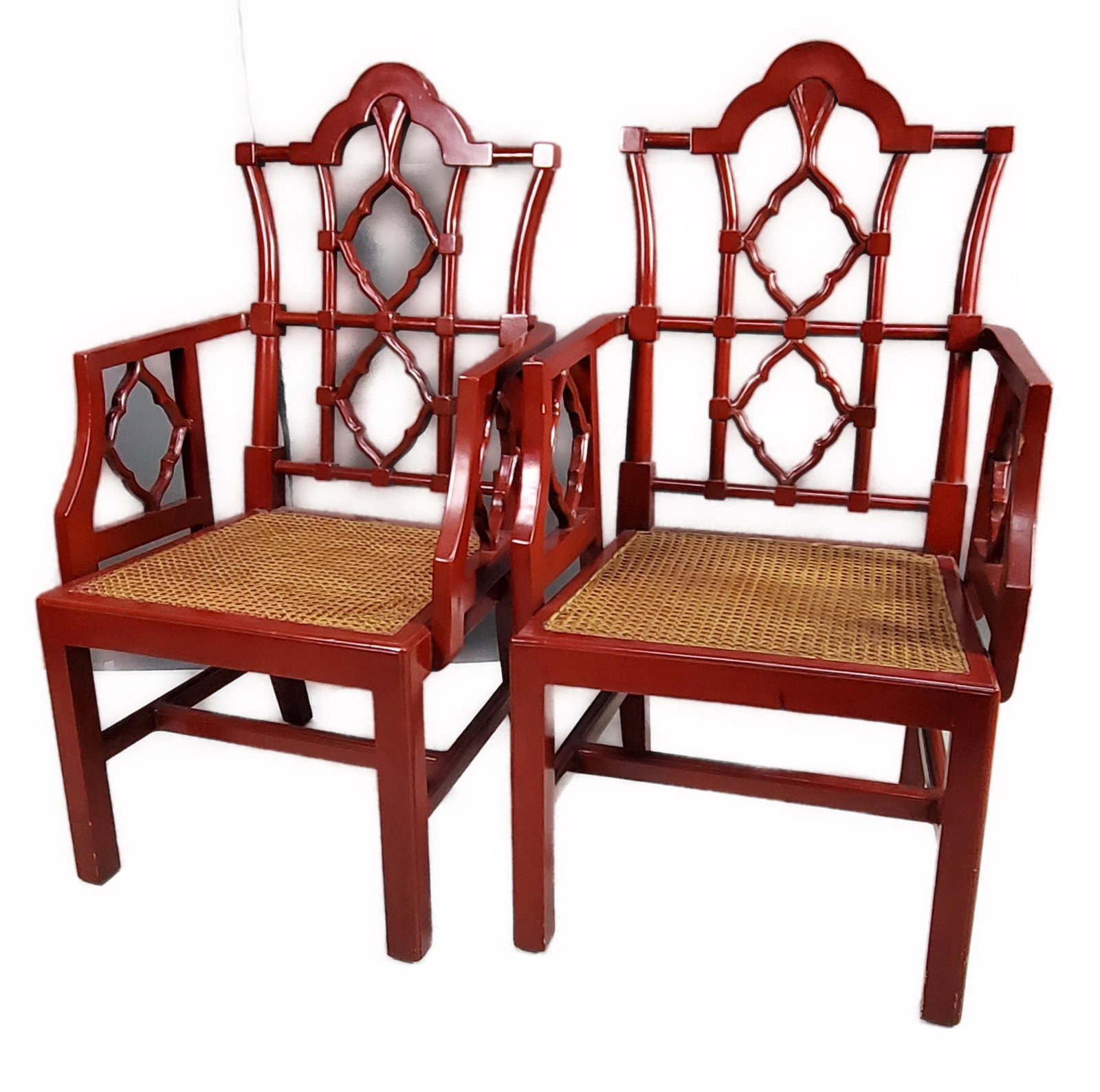 Pair of Chinese Chippendale Style Red Lacquered Armchairs with cane seats, 20th Century, 45 1/4" h.: Pair of Chinese Chippendale Style Red Lacquered Armchairs with cane seats, 20th Century, 45 1/4" h. 24 3/4" w. 21" d.