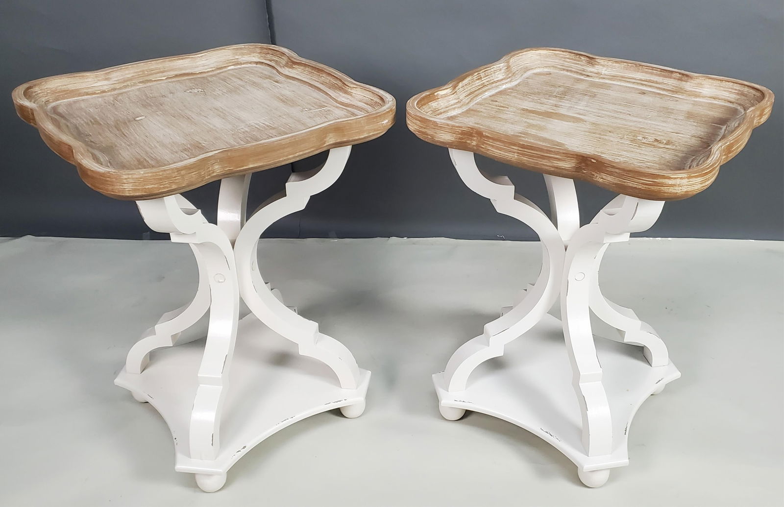 Pair Contemporary Side Tables with Scalloped Dish Rim Tops and Painted Scroll Supports on ball feet, (1 of 3)