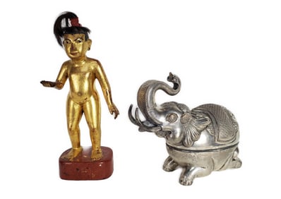 Two Ethnographic Objects to include an Turkish 900 Silver Elephant, marked 900, and a Chinese