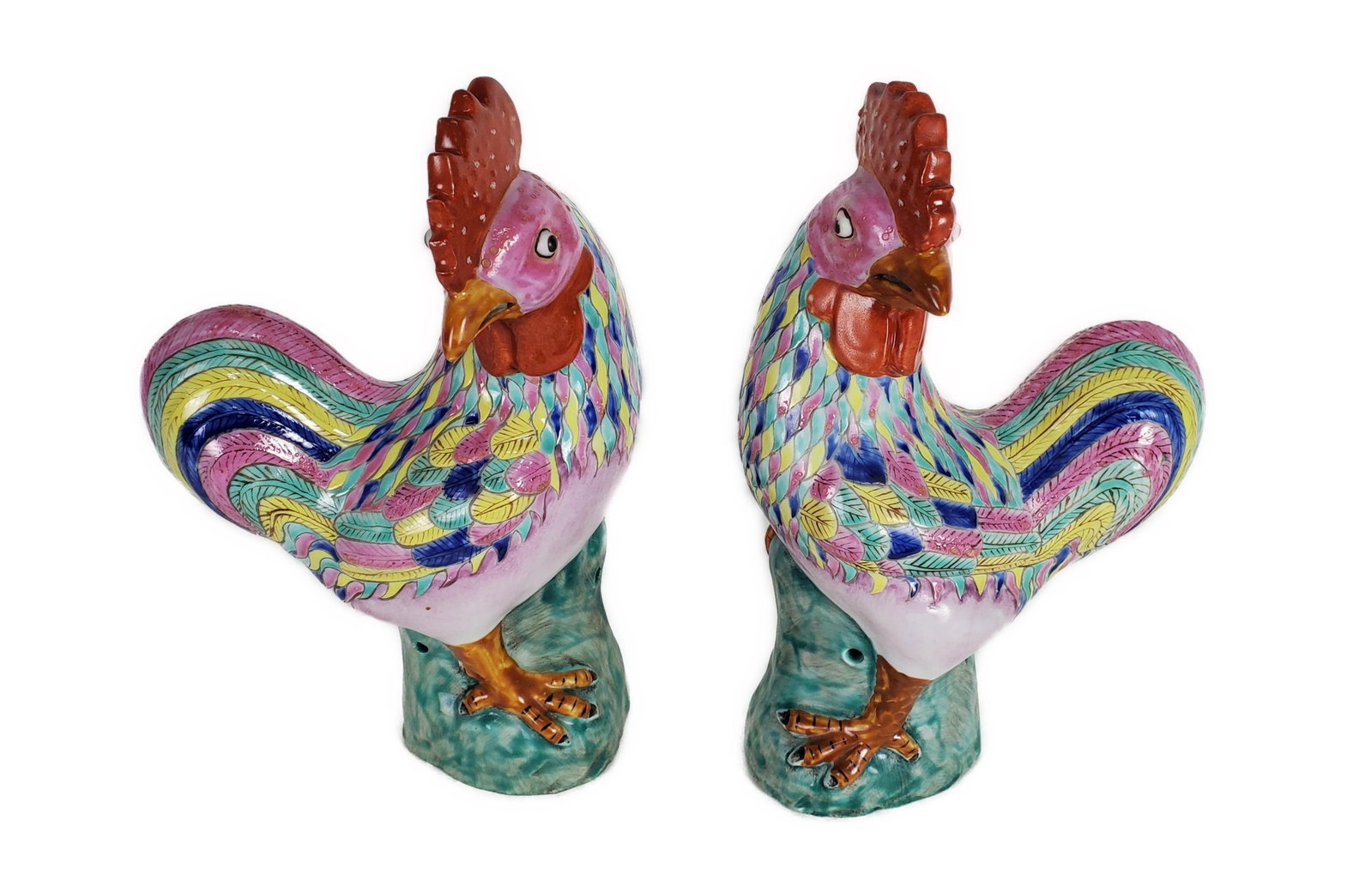 Pair of Chinese Porcelain Enamel Painted and Glazed Royal Birds, 20th Century, 11" h. 6 1/2" w.5" d.: Pair of Chinese Porcelain Enamel Painted and Glazed Royal Birds, 20th Century, 11" h. 6 1/2" w.5" d.
