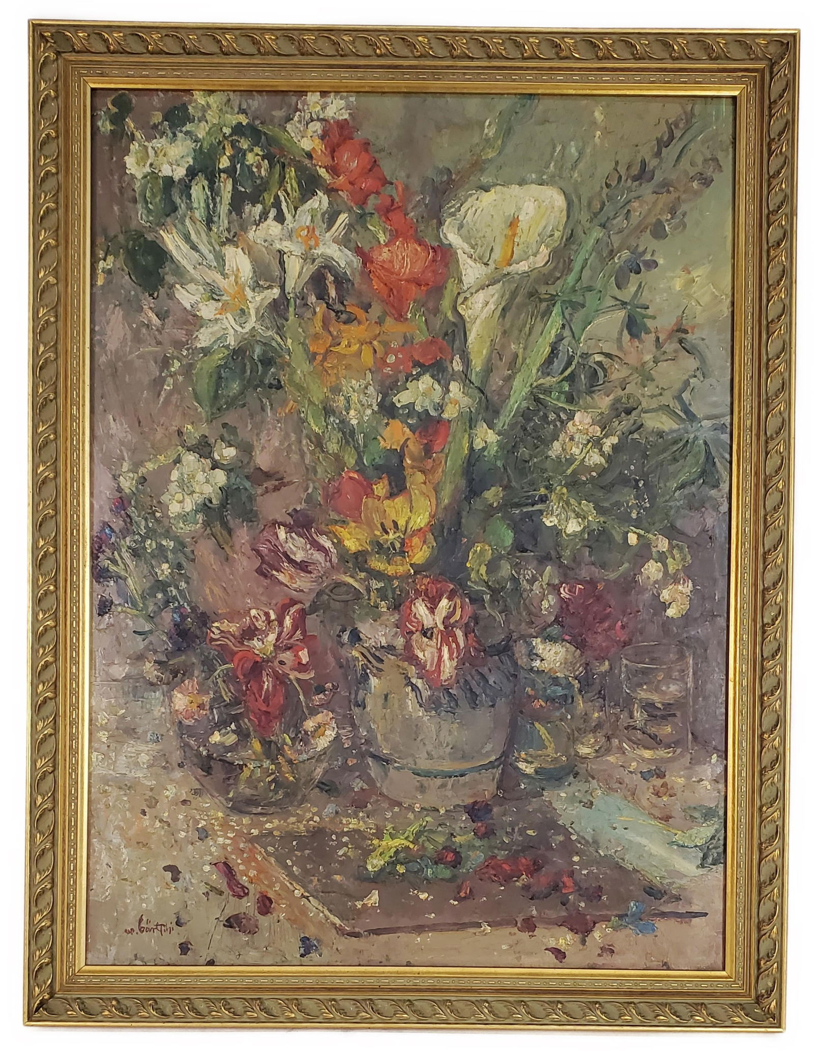 Antique Exotic Floral Still Life Painting, Oil on Canvas, Signed illegibly lower left, 21 1/2" x 25 (1 of 4)