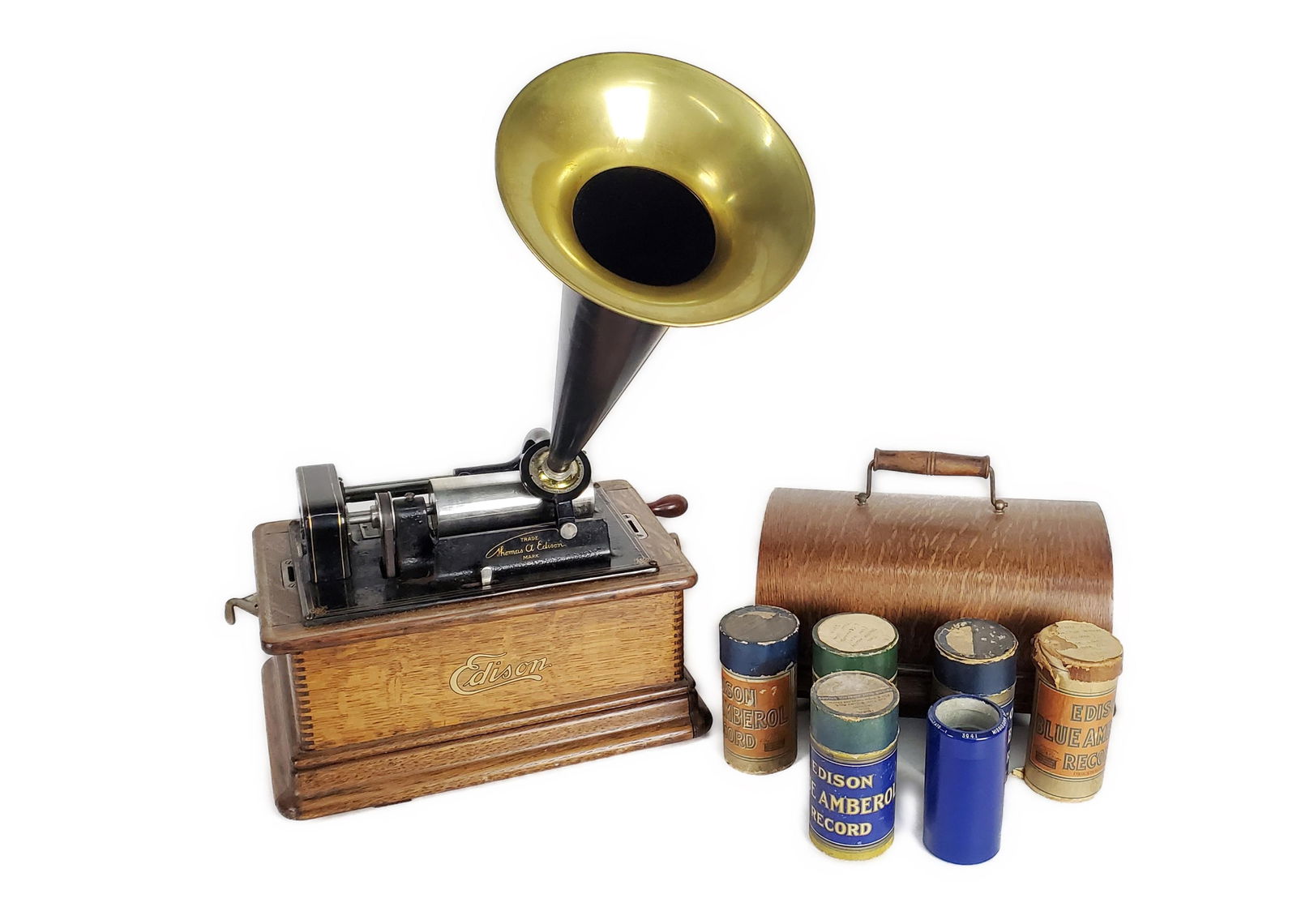 Antique Edison Phonograph with Six Cylinder Rolls, Oak Case, 13" h. 13" w. 9 1/2" d. (1 of 5)