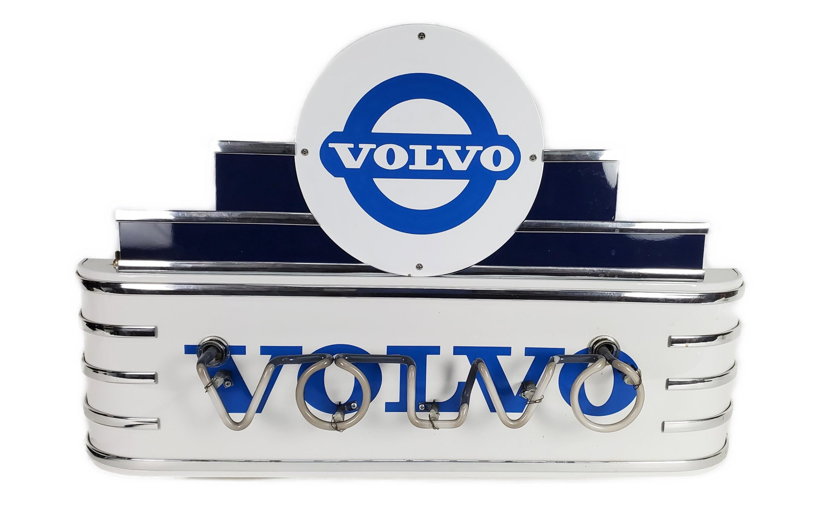A Contemporary Volvo Neon Advertising Sign, 22 1/4" h. 34 3/4" w. 4 1/2" d. In working condition.: A Contemporary Volvo Neon Advertising Sign, 22 1/4" h. 34 3/4" w. 4 1/2" d. In working condition.