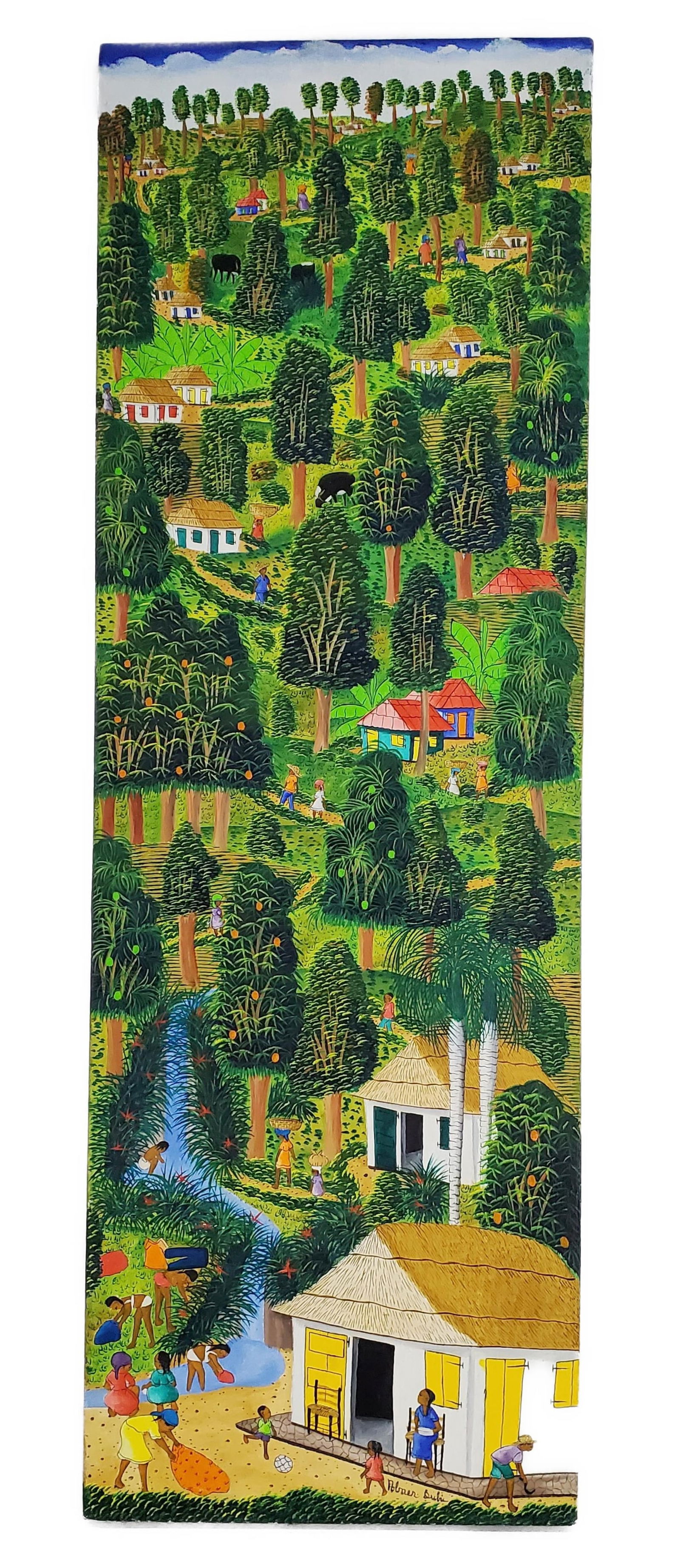 Haitian School (20th Century), Village Landscape with Figures, Signed Abner Dubic, 36 3/4" x 12" (1 of 4)