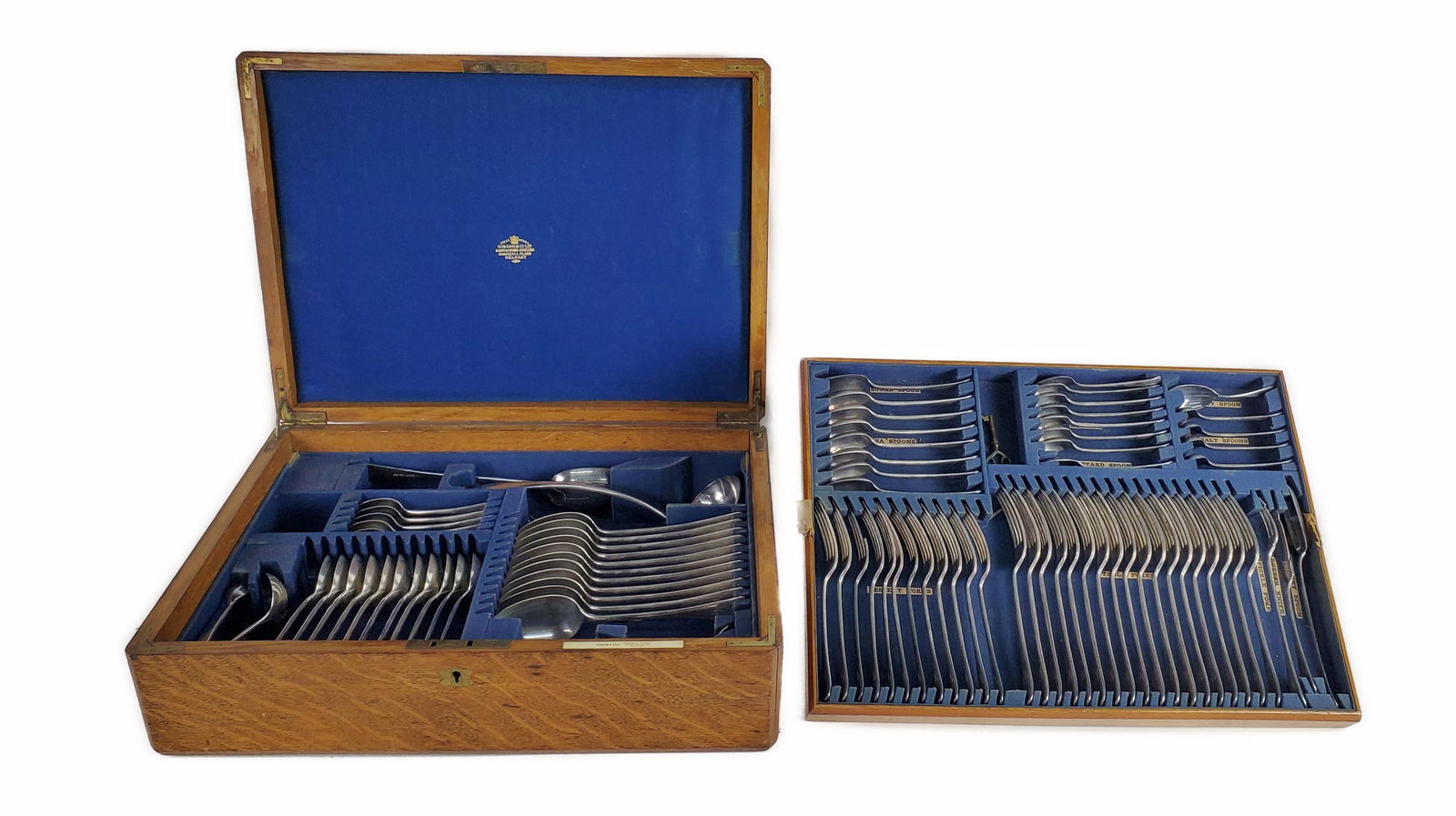 Set of 87 pieces of Irish Gibson & Co. Silver Plate Flatware in a Traveling Oak Wood Case with (1 of 13)