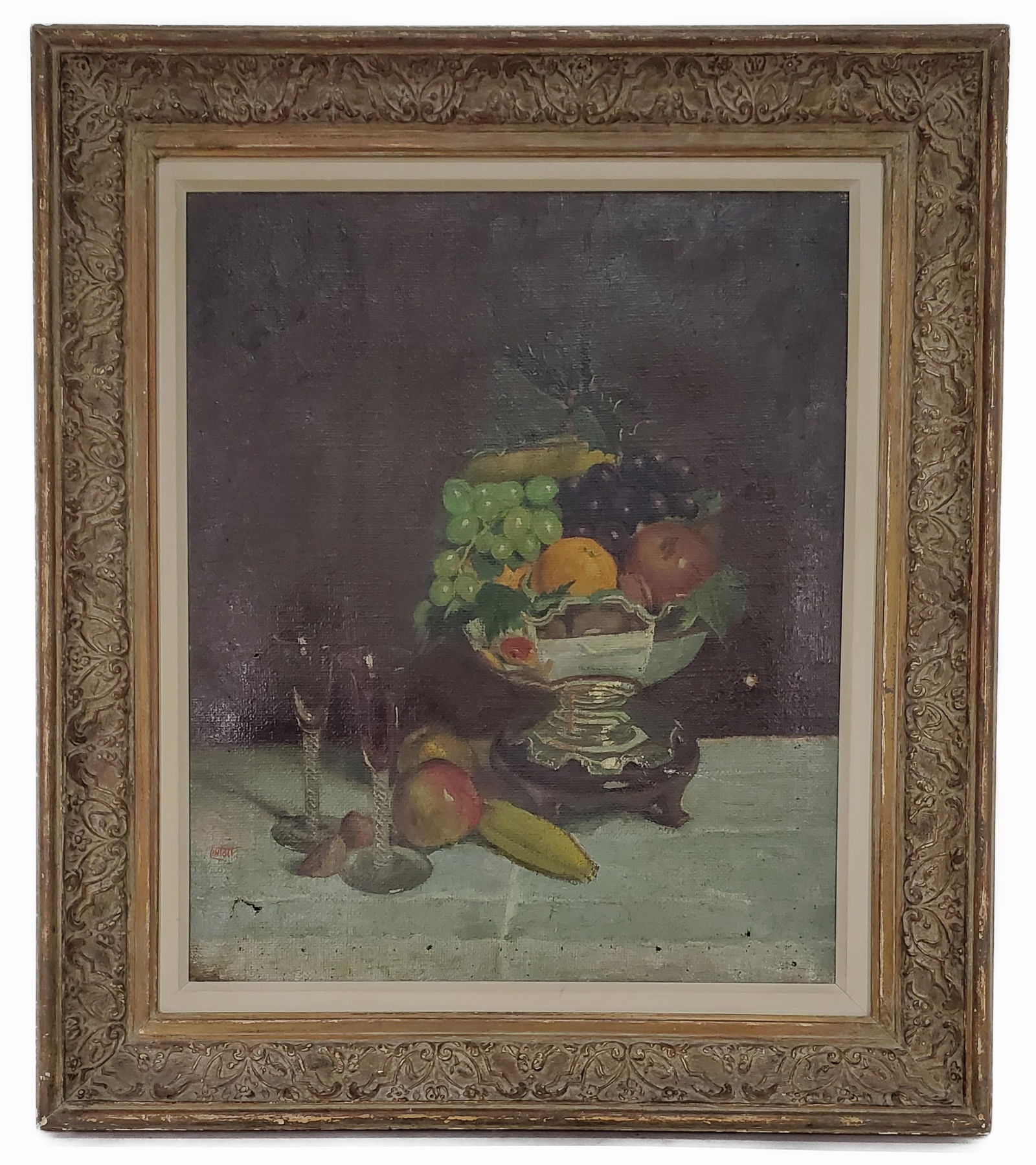Edward Barnard Lintott (English, 1875-1951) Still Life with Fruit, Oil on Canvas, Signed Lintott: Edward Barnard Lintott (English, 1875-1951) Still Life with Fruit, Oil on Canvas, Signed Lintott lower left, 24 1/4" x 20 1/8", Framed-32 3/8" x 28 3/8", Canvas has some abrasions and tears.