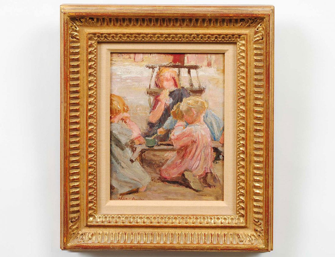 ALBERT ANDRE (French. 1869-1954): Children in a Park. Signed Albert Andre l/l. Oil on Panel. Measuring 8 1/4" by 6 1/4". Framed. (Cond: good, surface fine, no inpainting apparent under u.v. light) (1200/1600)