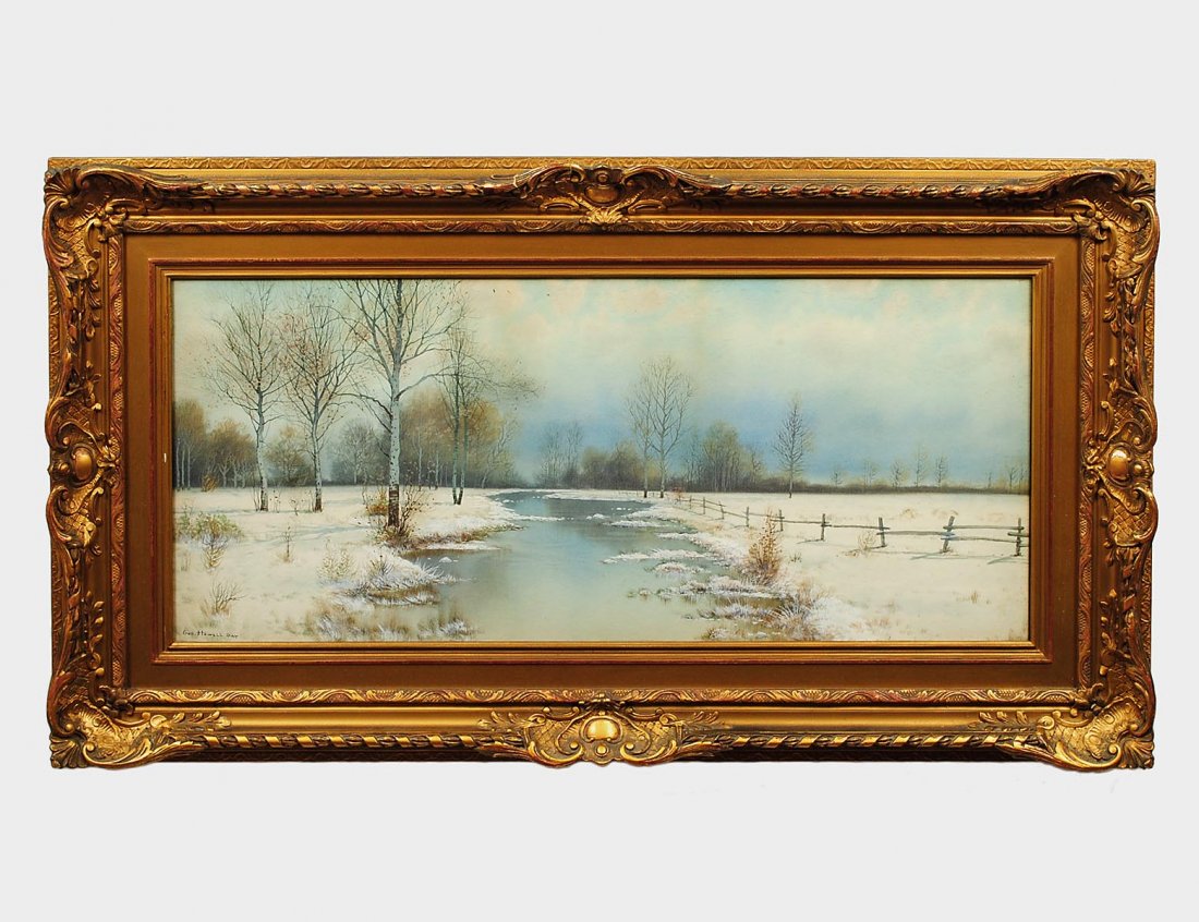 GEORGE HOWELL GAY (American. 1858-1931): Winter Landscape with Creek. Signed Geo. Howell Gay l/l. Watercolor. Measuring 13 1/2" by 31 1/4". Framed. (Cond: minor foxing in sky) (300/500)