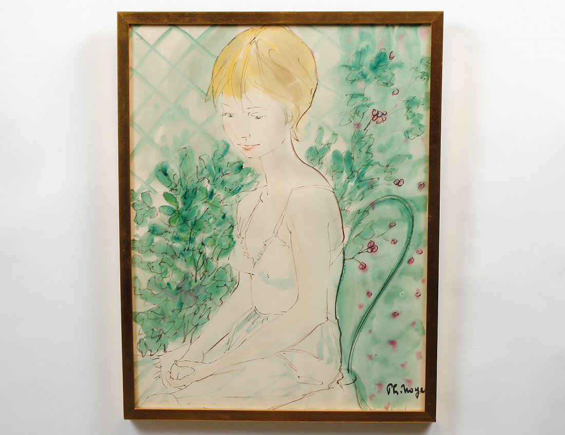 PHILIPPE HENRI NOYER (French. 1917-1985): Seated Girl in Garden. Signed l/r. Watercolor on Paper. Measuring 25" by 19". Gilded frame. (Cond: good) (150/200)