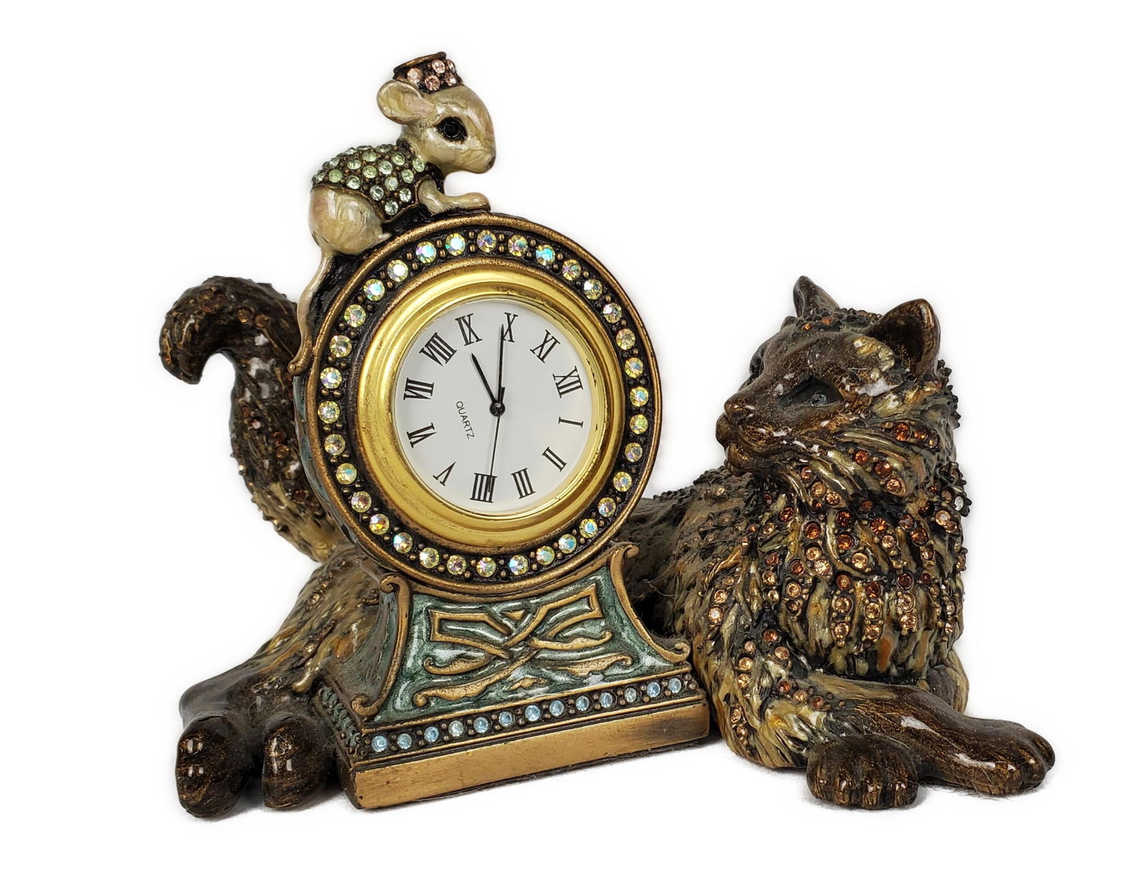 Jay Strongwater Enamel, Metal, and Bejeweled Cat and Mouse Quartz Clock, marked, 3 3/4" h. 4 3/8" w.