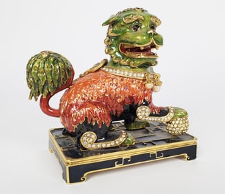 Jay Strongwater Enamel, Metal, and Bejeweled Foo Dog, marked Limited Edition 84/300, 4 1/2" h. 4