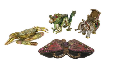 Four Enamel, Metal, and Bejeweled Objects D'Art to include: Crab, Elephant, Dragon, and Jay