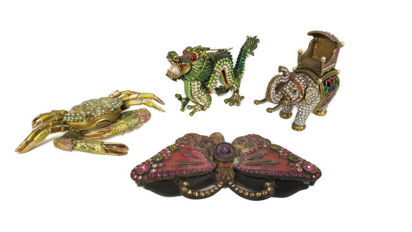 Four Enamel, Metal, and Bejeweled Objects D'Art to include: Crab, Elephant, Dragon, and Jay (1 of 5)