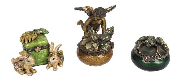 Three Jay Strongwater Enamel, Metal, and Bejeweled Miniature Boxes, marked, Tallest-1 7/8" h.