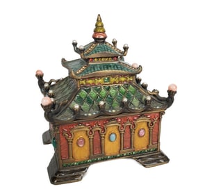 Jay Strongwater Enamel, Metal, and Bejeweled Pagoda Box, marked, 5" h. 4 3/8" w. 4 3/8" d.