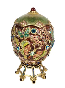Jay Strongwater Enamel, Metal, and Bejeweled Butterfly Egg on Stand, 5" h. 3" w.