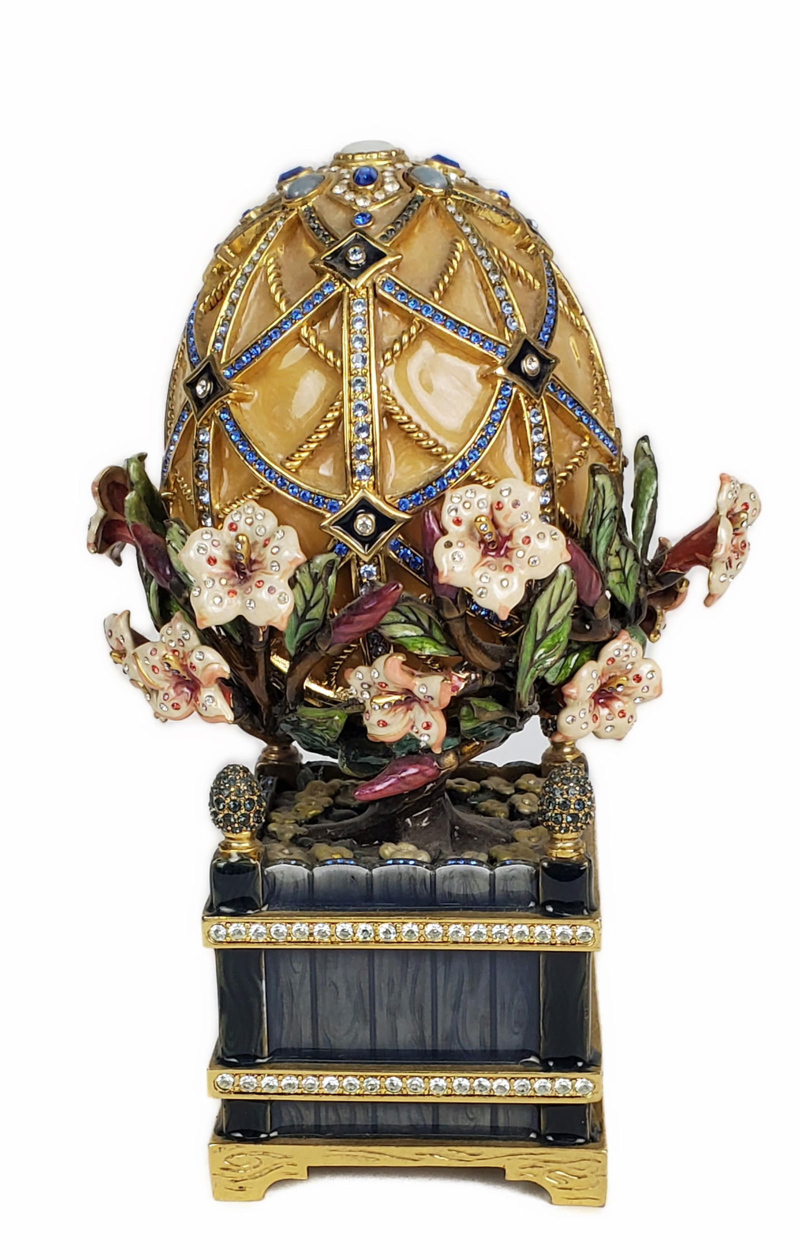 Jay Strongwater Enamel, Metal, and Bejeweled Egg on Stand, marked Limited Edition 84/350, 7 1/2" h.: Jay Strongwater Enamel, Metal, and Bejeweled Egg on Stand, marked Limited Edition 84/350, 7 1/2" h. 4" w. 4 3/4" d.