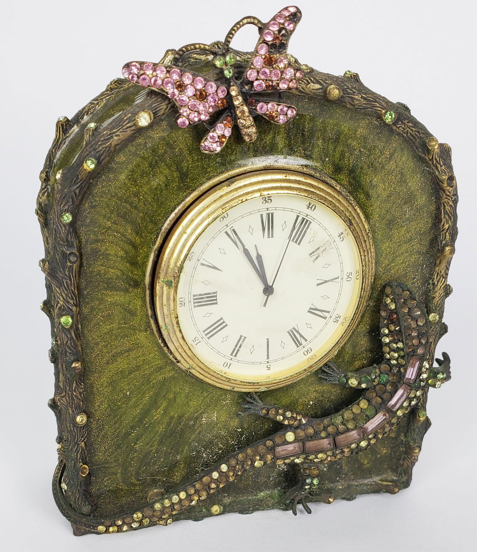 Jay Strongwater Enamel, Metal, and Bejeweled Lizard and Butterfly Clock, marked, 4 3/4" h. 3 3/4" w. (1 of 4)