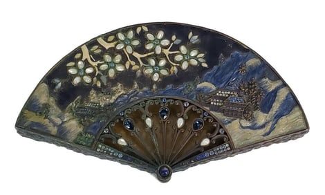Jay Strongwater Enamel, Metal, and Bejeweled Japanese Fan Box, 1" h. 7 5/8" w. 4 1/4" d.