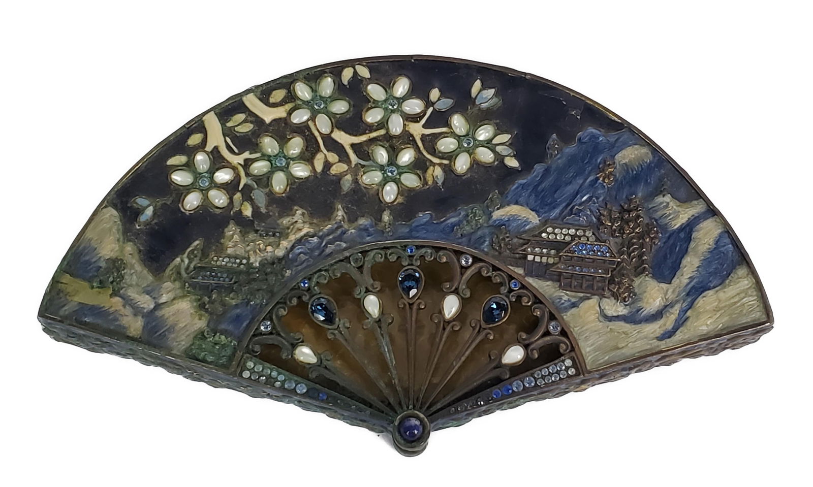 Jay Strongwater Enamel, Metal, and Bejeweled Japanese Fan Box, 1" h. 7 5/8" w. 4 1/4" d. (1 of 4)