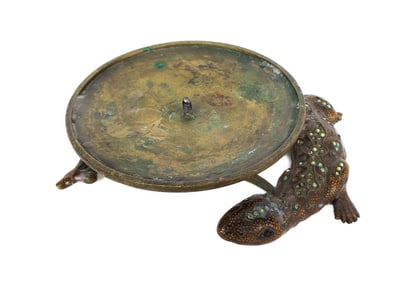 A Bronze and Enamel with Crystals Lizard Candleholder, 1 3/8" h. 5" w.