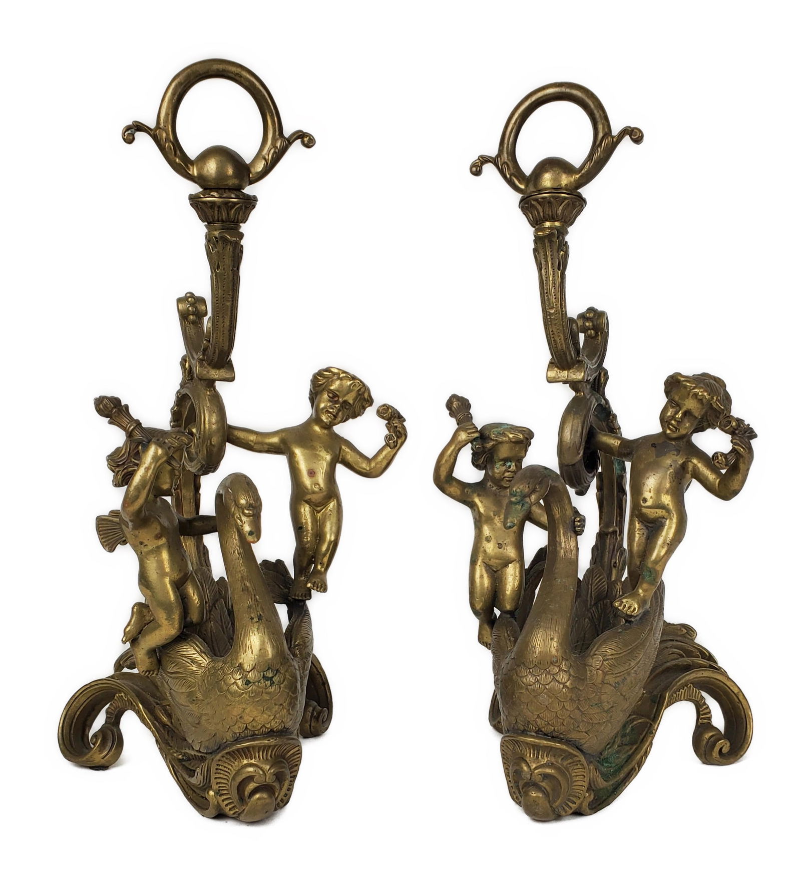 Pair Bronze Swans with Cupids, 13 1/2" h. 6 1/2" w. 6 1/2" d.: Pair Bronze Swans with Cupids, 13 1/2" h. 6 1/2" w. 6 1/2" d.