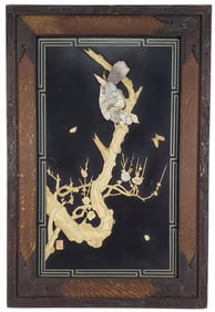 Japanese 19th Century Bone, Lacquer, and Mother of Pearl Overlaid Panel with a Bird on Branch and