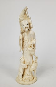 Chinese Carved Figure of a Shou Lao with Boy Holding a Peach and Bird, 9" h. 2 3/4" w.