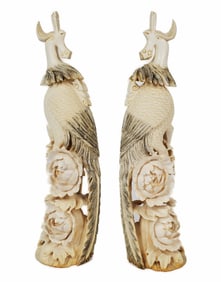 Pair of Chinese Carved Royal Birds Resting on Blossoming Flowers, 12 1/2" h. 3" w.