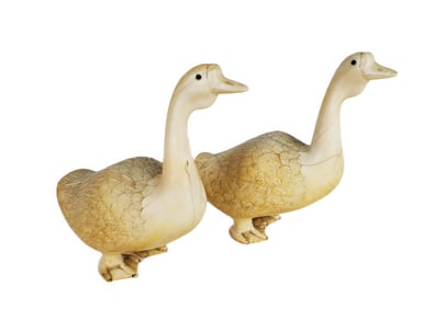 Two Antique Chinese Carved Geese, underside with chop marks, 5 1/4" h. 5 1/4" w. 2 1/2" d.