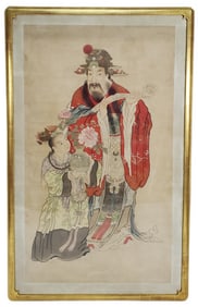 Large 19th Century Chinese Qing Painting of the God of Wealth Cai Shen wearing an elaborate