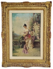 A. Secola (Italian, 19th/20th Century) Elegant Lady Seated in a Garden with Blossoming Flowers, Oil