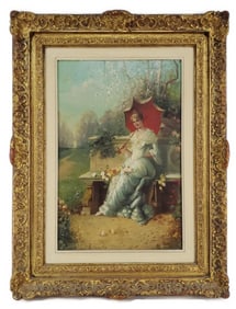 A. Secola (Italian, 19th/20th Century) Elegant Lady Holding a Parasol and Seated in a Garden with