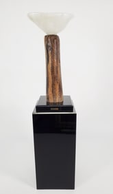 Modern Polished Marble and Exotic Wood Sculpture on a plexi-glas base, with nameplate of artist