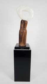 Modern Polished Marble and Exotic Wood Sculpture on a plexi-glas base, with nameplate of artist