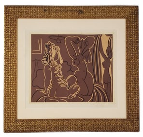Pablo Picasso (Spanish, 1881-1973) Trois Femmes au Reviel, linocut, Signed Picasso in the lower