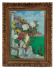 David Burliuk (Russian, 1882-1967) Positano Coastline with Still Life of Flowers, Oil on canvas,