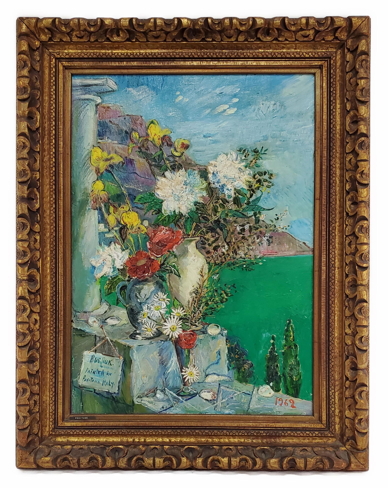 David Burliuk (Russian, 1882-1967) Positano Coastline with Still Life of Flowers, Oil on canvas, (1 of 7)