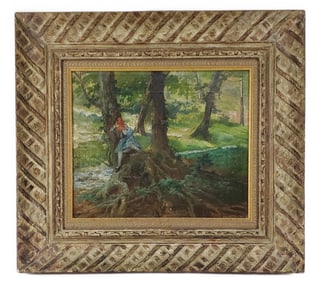 French School (19th Century) Young Girl Seated in a Tree Landscape, Oil on canvas, No visible