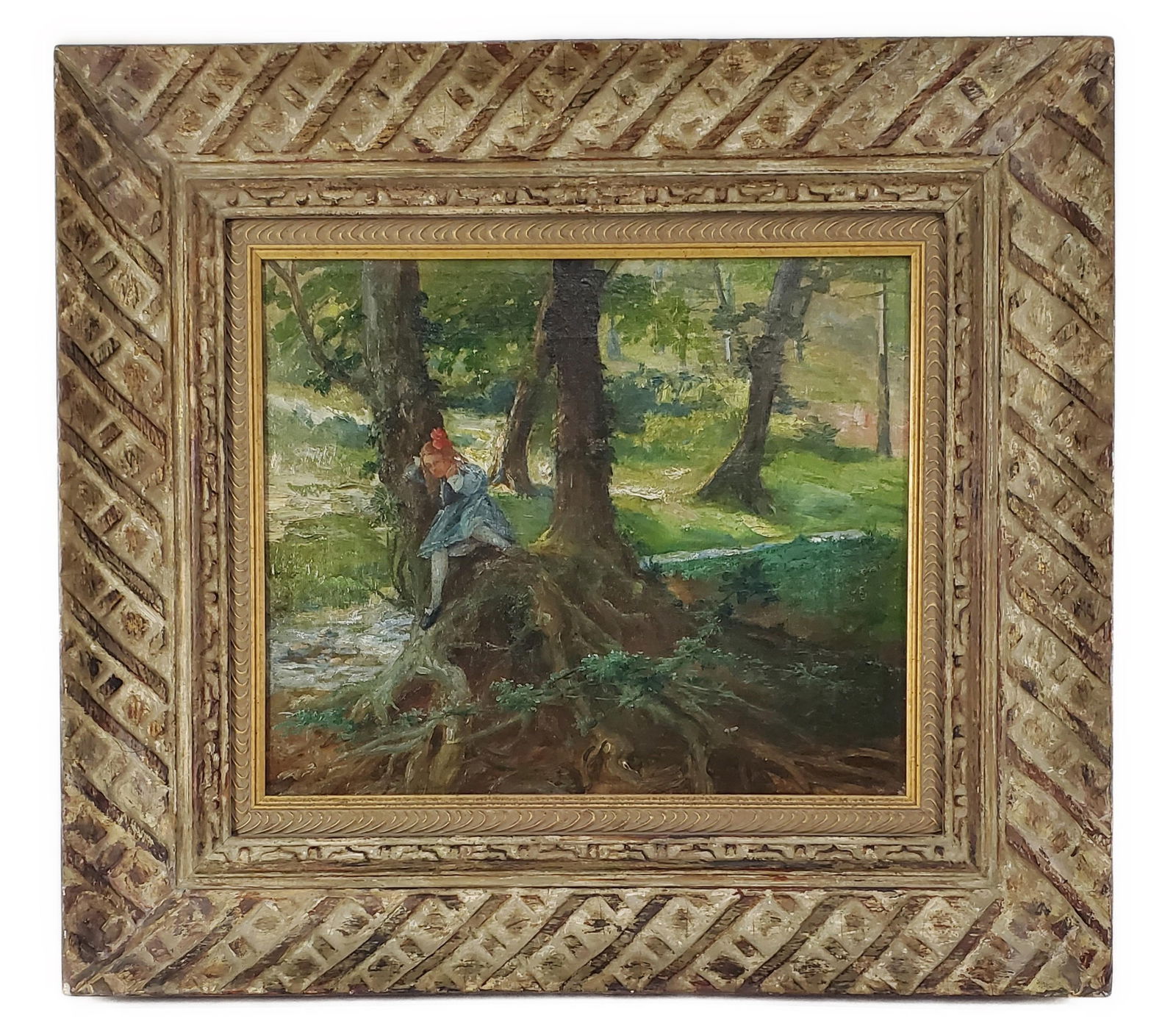 French School (19th Century) Young Girl Seated in a Tree Landscape, Oil on canvas, No visible (1 of 5)