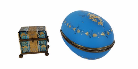 Two Antique Dresser Boxes to include a French Blue Opaline Box and a Bohemian Casket Box with