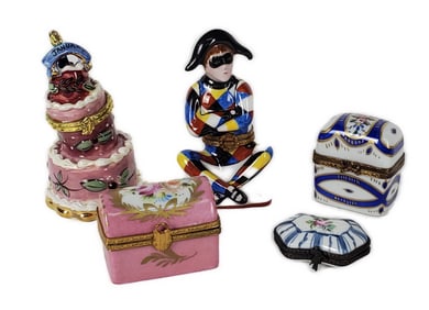 Group of Five Limoges Porcelain Trinket Boxes, Tallest-3 1/2" h.