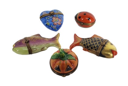 Group of Five Limoges Porcelain Trinket Boxes, Fish-3 3/4" L. Heart-2 1/2" x 2 1/4"