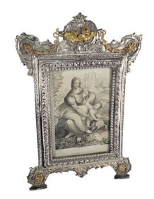 Spanish 18th/19th Century Silver Baroque Frame applied with cast gold plated cherub heads, swags,