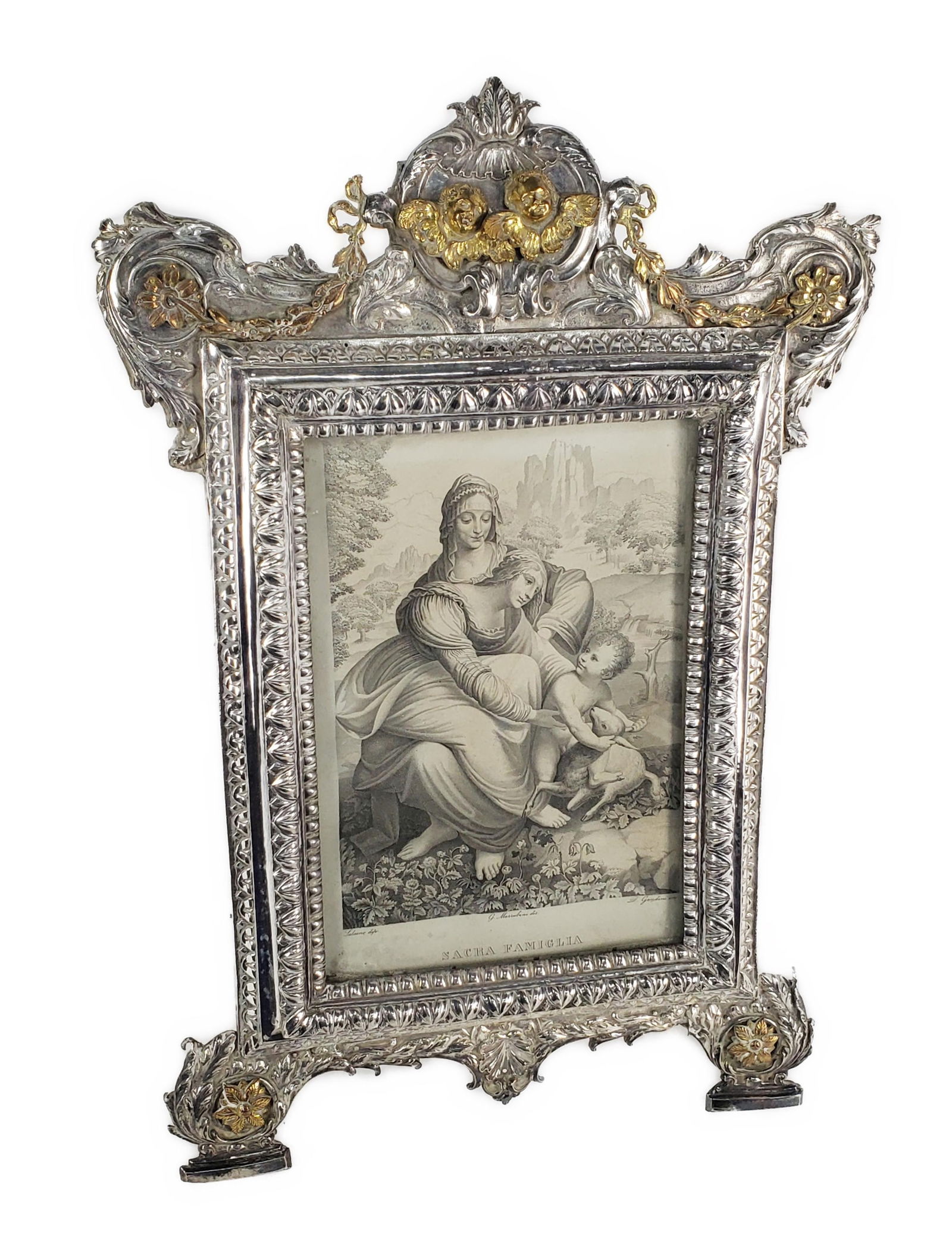 Spanish 18th/19th Century Silver Baroque Frame applied with cast gold plated cherub heads, swags, (1 of 7)