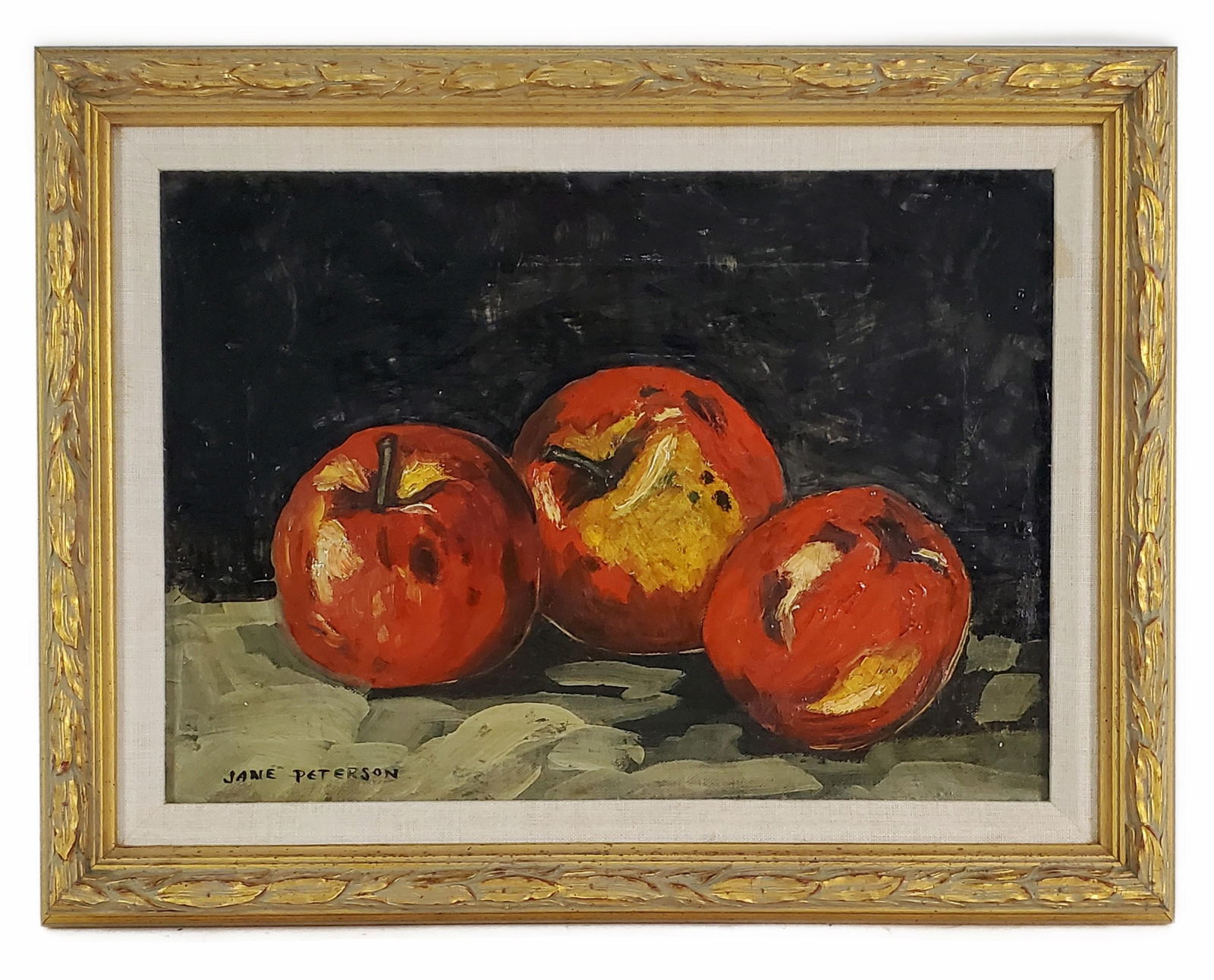 Jane Peterson (American, 1876-1985) Still Life of Apples, Oil on canvas, Signed lower left, 10 1/8": Jane Peterson (American, 1876-1985) Still Life of Apples, Oil on canvas, Signed lower left, 10 1/8" x 14 1/4", Framed-13 5/8" x 17 3/4", Provenance: Singer Island, Florida Estate
