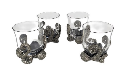 Four Frankli Wild by Royal Selangor Pewter and Glass Octopus Drinking Glasses, 20th Century, marked,