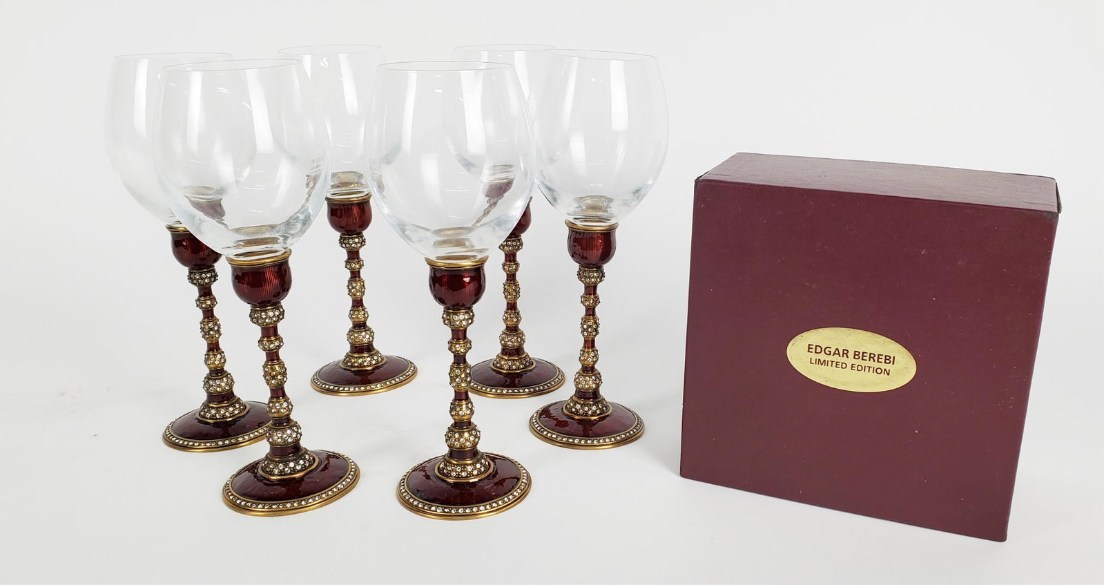 Six Edgar Berebi Enameled and Jeweled Stemmed Wine Glasses, 8 1/2" h., in the original boxes.: Six Edgar Berebi Enameled and Jeweled Stemmed Wine Glasses, 8 1/2" h., in the original boxes.